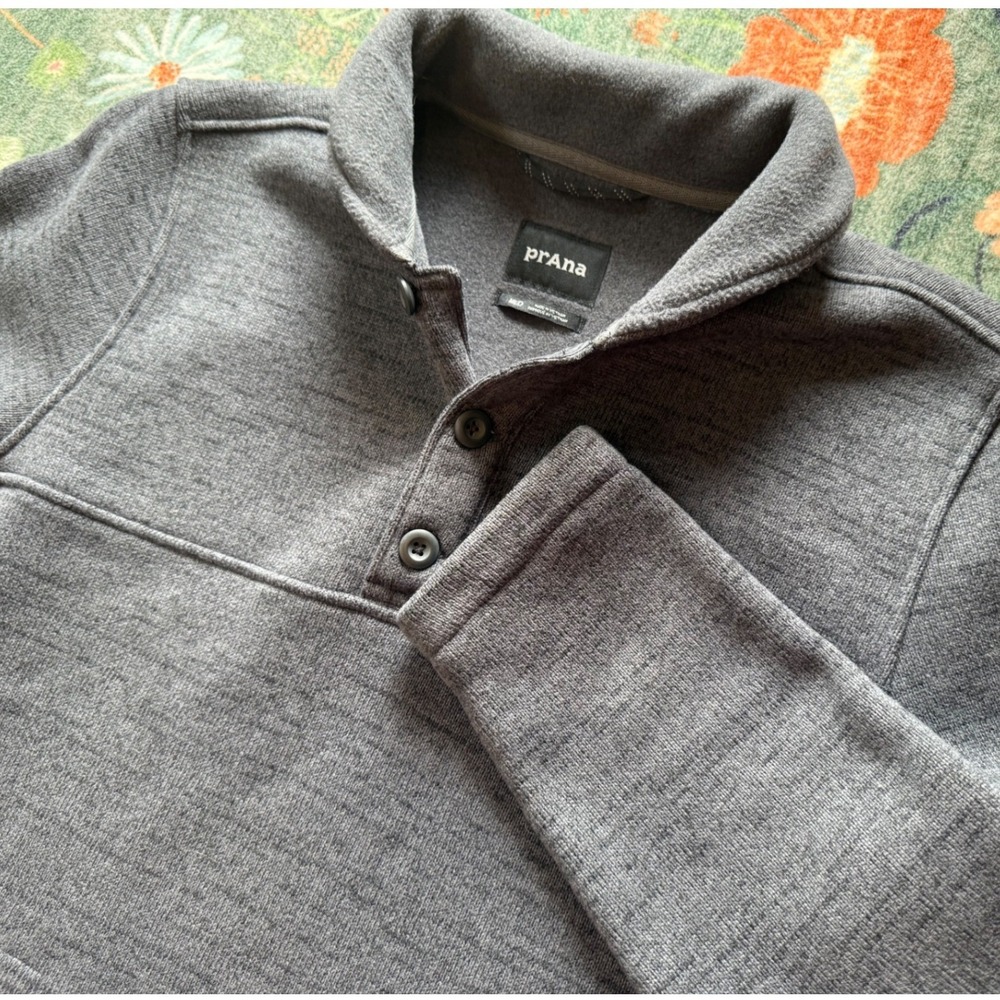 Prana Mens Sweater‎ Fleece Shawl Collar Button Pullover Gray Heather Medium